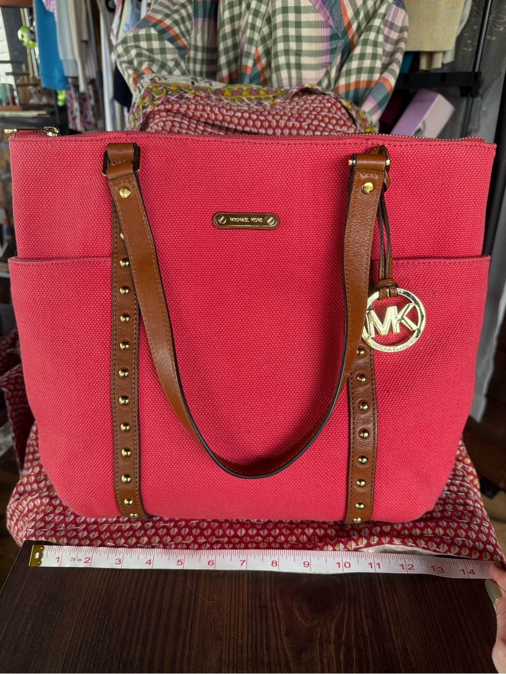 Michael Kors Pink Canvas Tote with Brown Leather Straps and Gold MK Charm